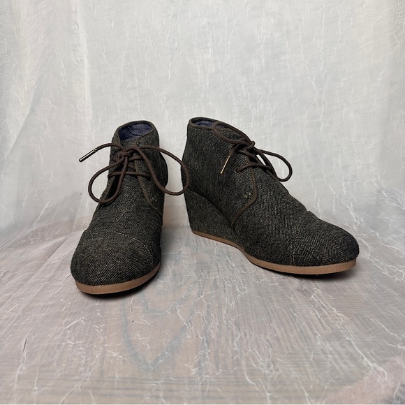 TOMS Desert Wedge Heel Ankle Bootie Olive Herringbone Lace Up Oxford Shoes - Picture 1 of 16